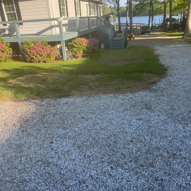 Thin, patchy lawn beside a gravel drive at a Lake Murray home in spring